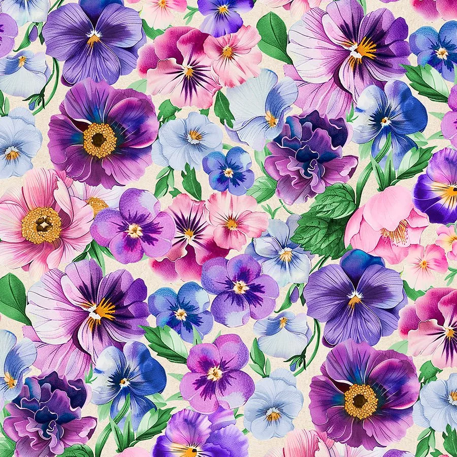 108" Wide Quilt Backing Pansy Fields Packed Florals Cream