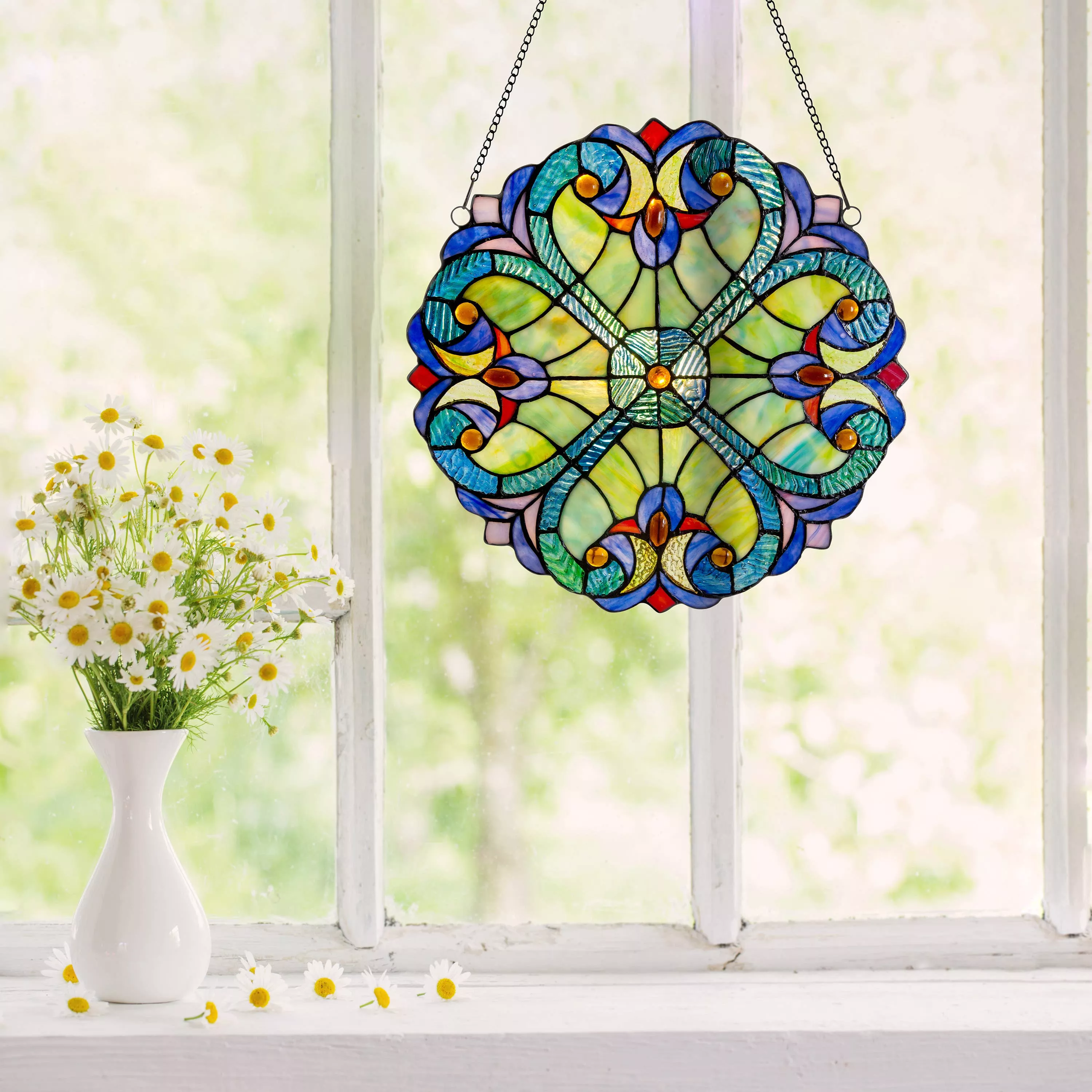 12" Halston Edwardian Stained Glass Window Panel