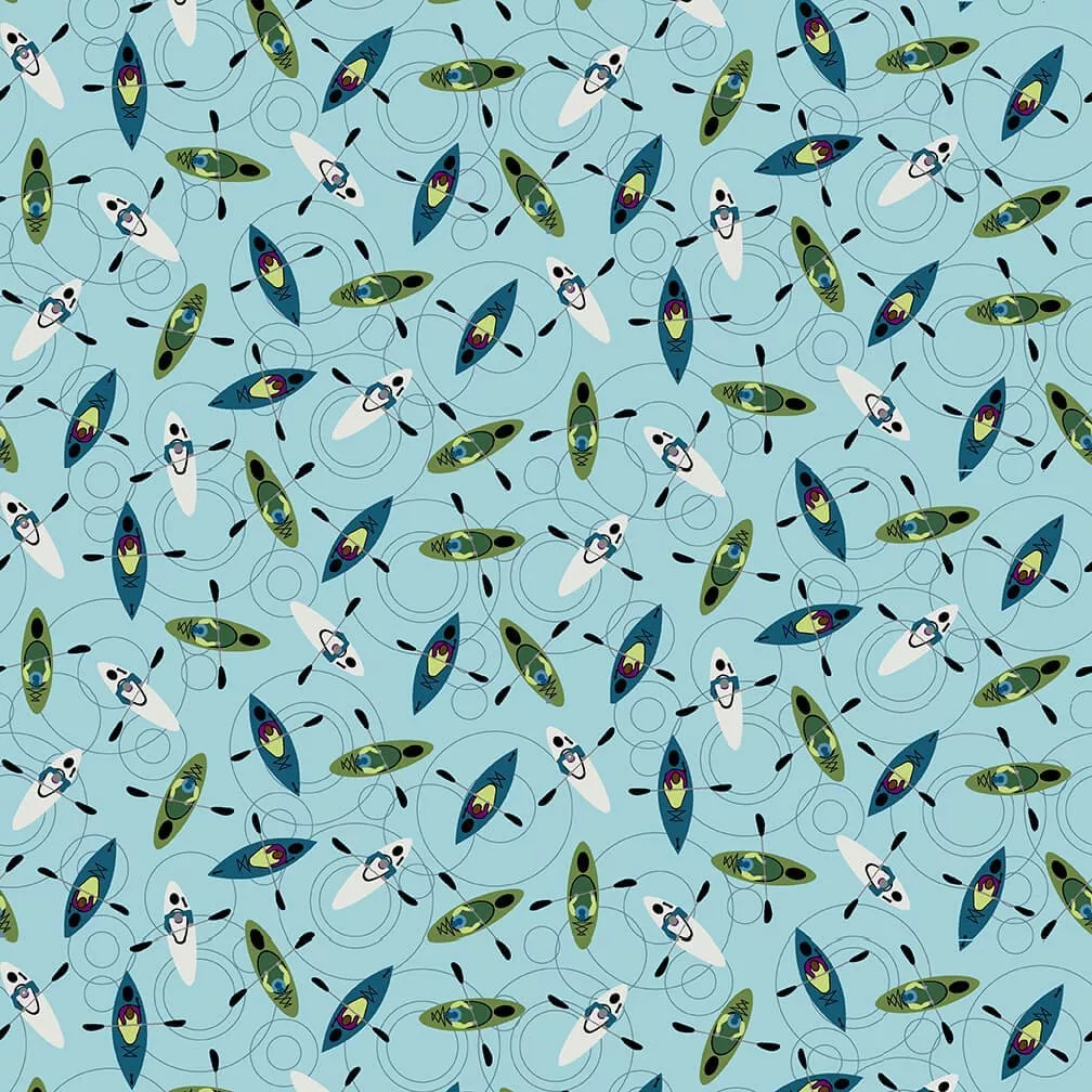 5984-11 Light Blue Kayaks Allover Judy Gauthier Silent Sports Studio E1yd cut