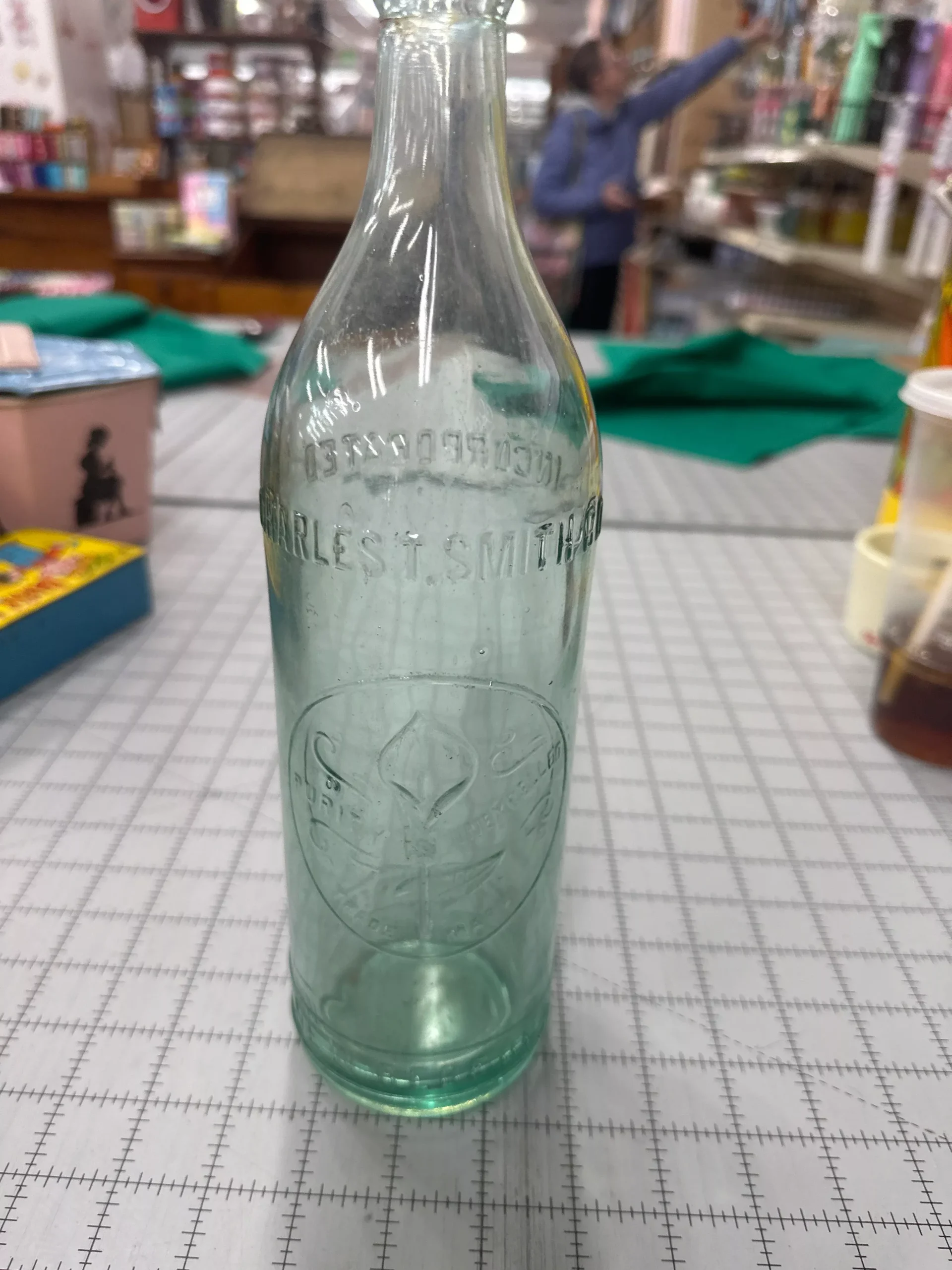 Antique, aqua-colored, blob-top bottle from S. Michelsohn in Belmar, New Jersey. Late 1800s