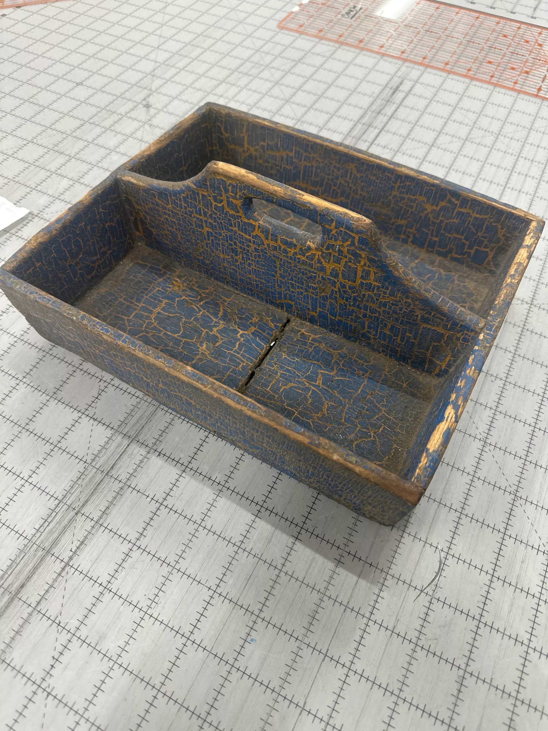 Antique crackled blue paint caddy