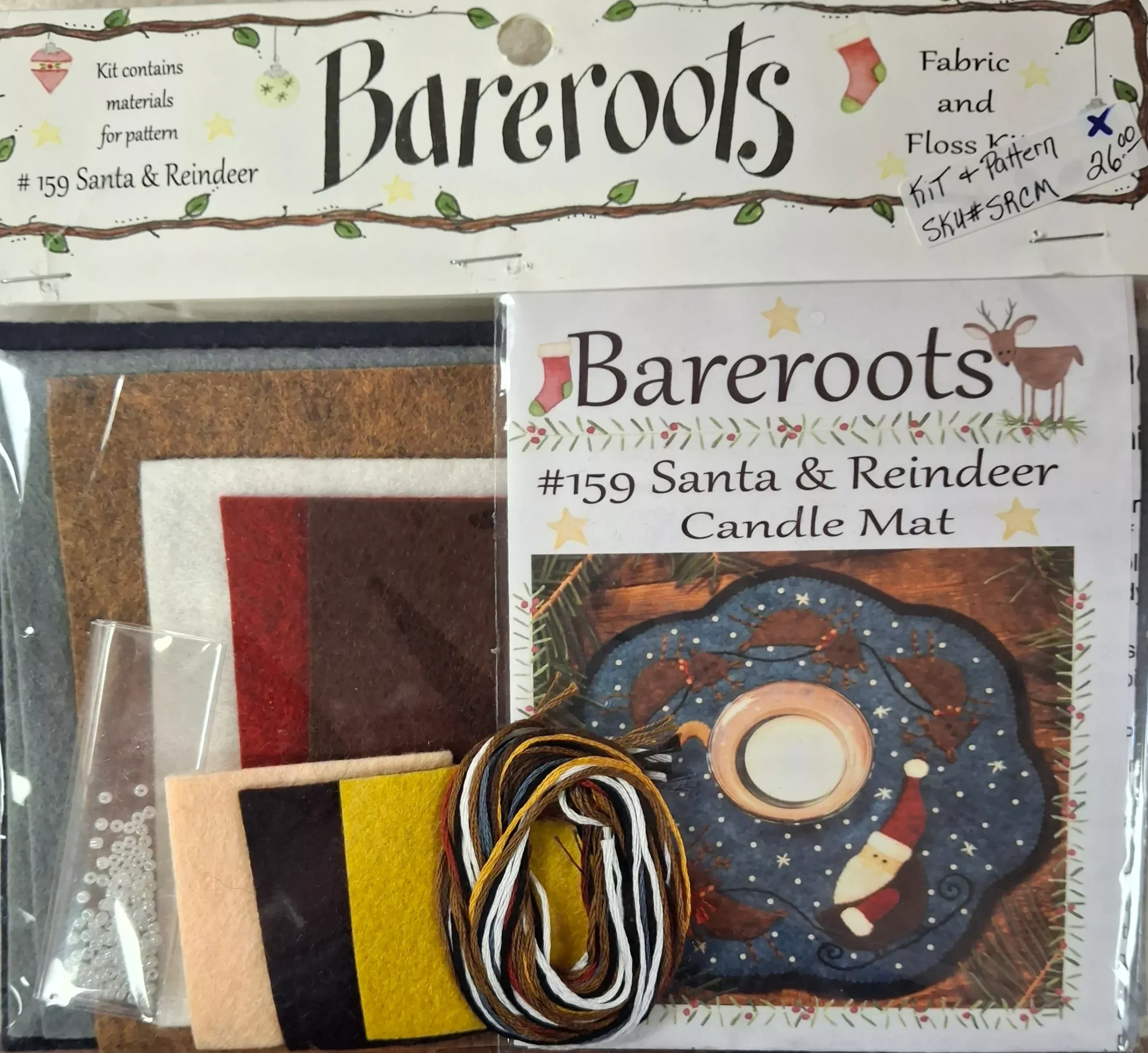 Bareroots Design - Santa Reindeer Mat 159 Wool Felt and Floss Kit With Pattern!