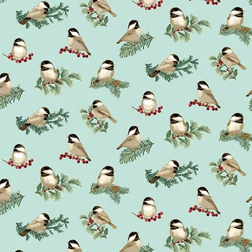 Benartex A Festive Medley Charming Chickadees Light Turquoise 13182M04 ^