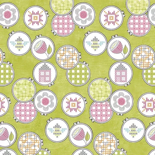 Benartex Stitch Garden Lime Hoops And Stitch Fabric ONLINE PUCHASE ONLY