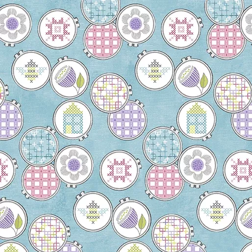 Benartex Stitch Garden Turquoise Hoops And Stitch Fabric ONLINE PUCHASE ONLY