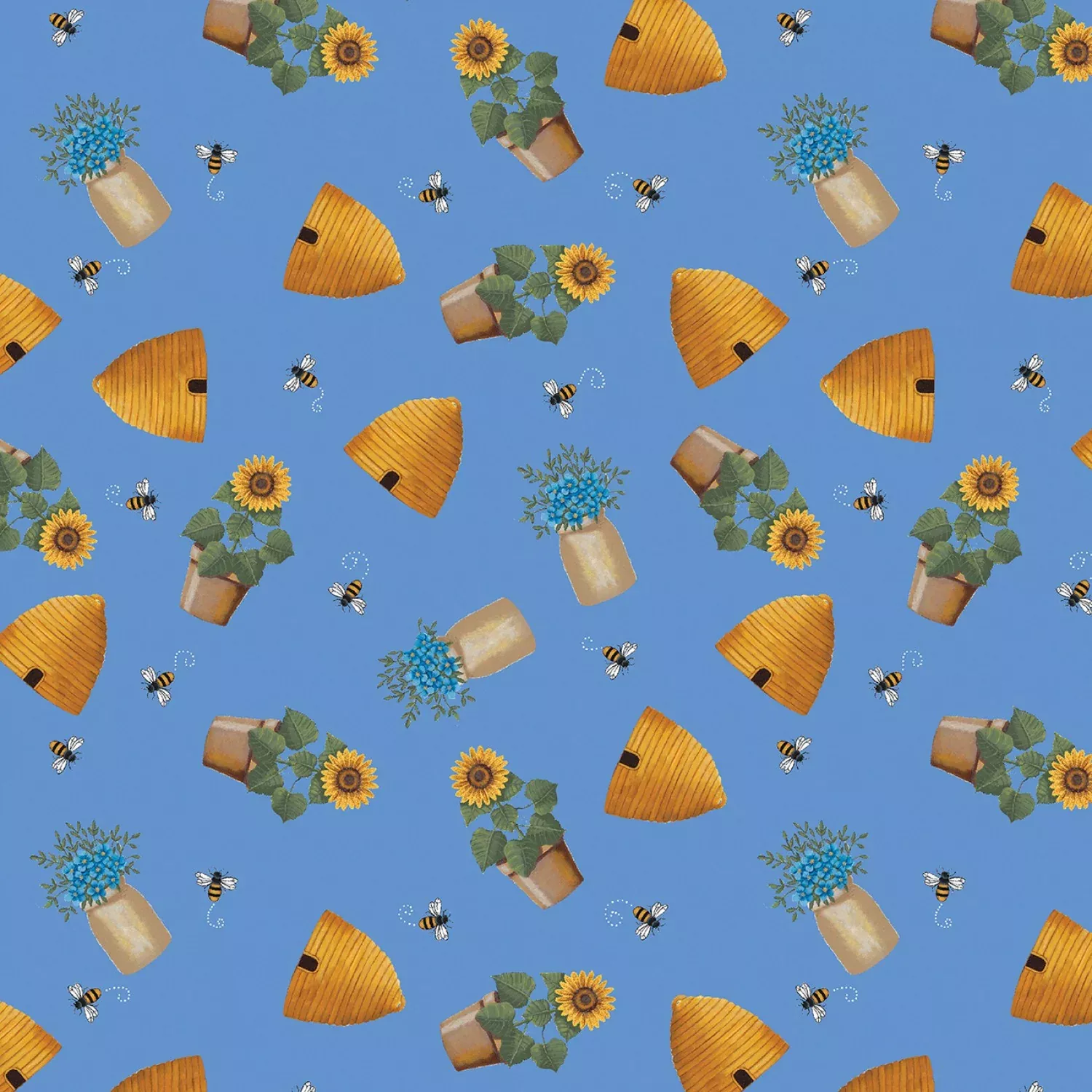 Benartex Wildflower Honey Bees And Skeps Blue Fabric ONLINE PURCHASE ONLY