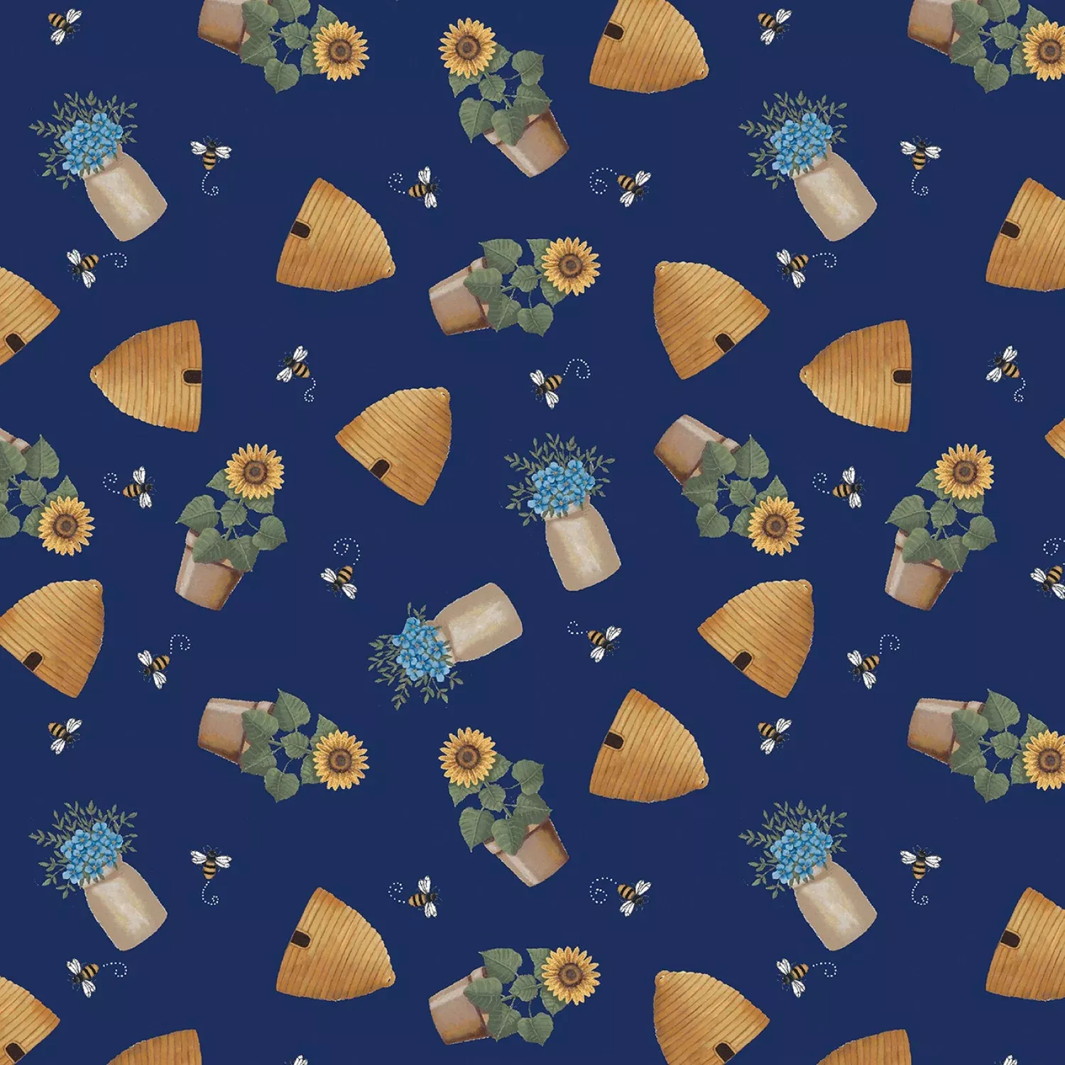Benartex Wildflower Honey Bees And Skeps Navy Fabric ONLINE PURCHASE ONLY