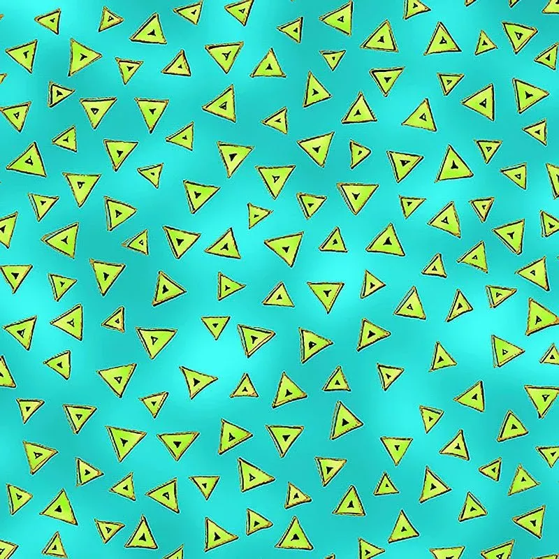 Clothworks Laurel Burch Basic Triangle Aqua Gold Metallic – Remnant 35" × 44"