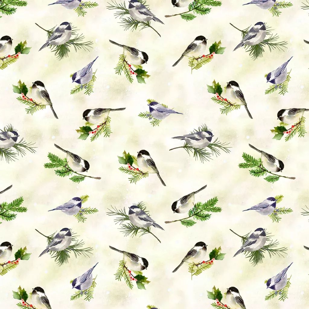 Clothworks Snowman Christmas Digital Birds Butter Fabric