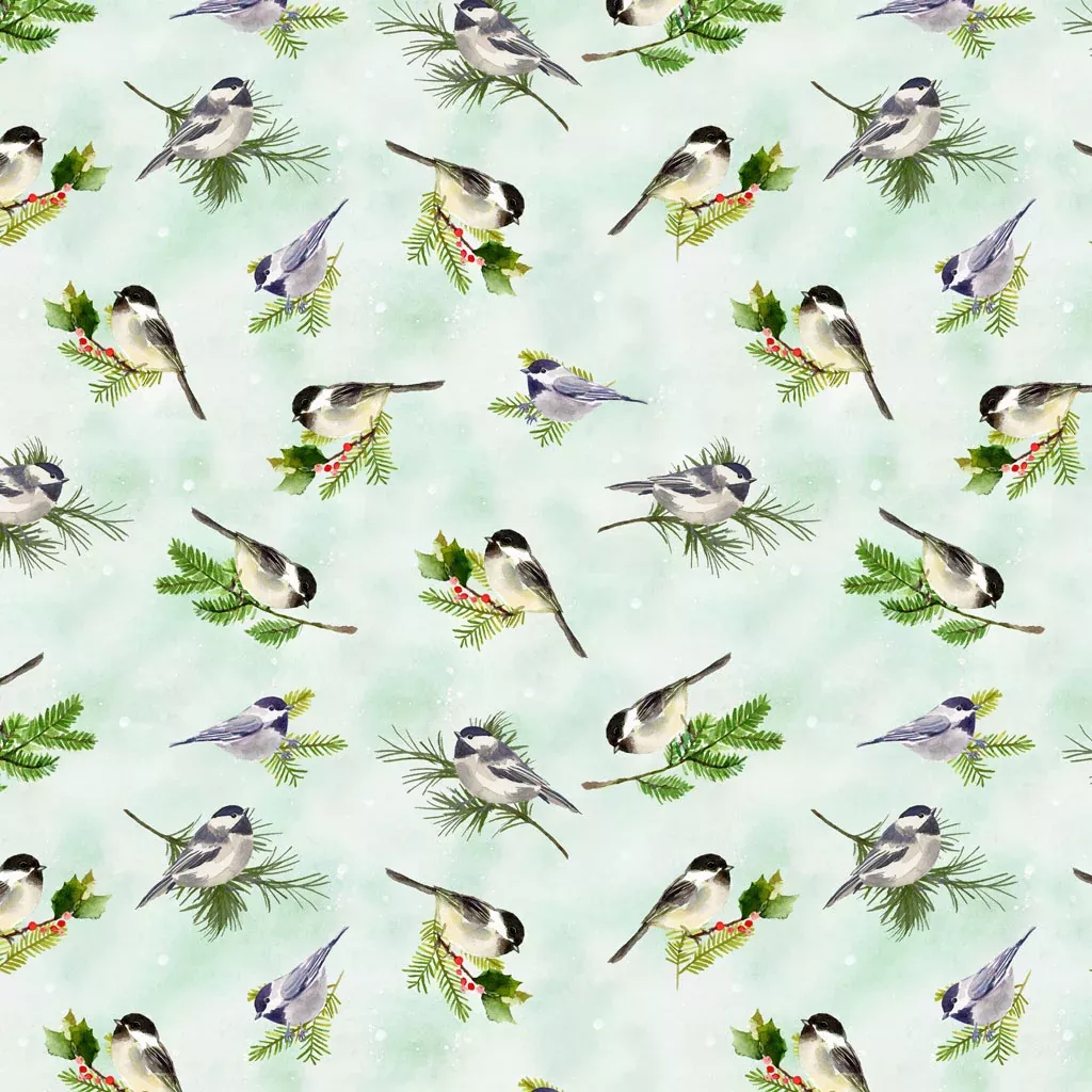 Clothworks Snowman Christmas Digital Birds Light Turquoise Fabric