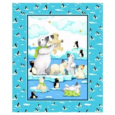 Clothworks Susy Bee Burr the Polar Bear Panel SB20395-950 Turquoise ^