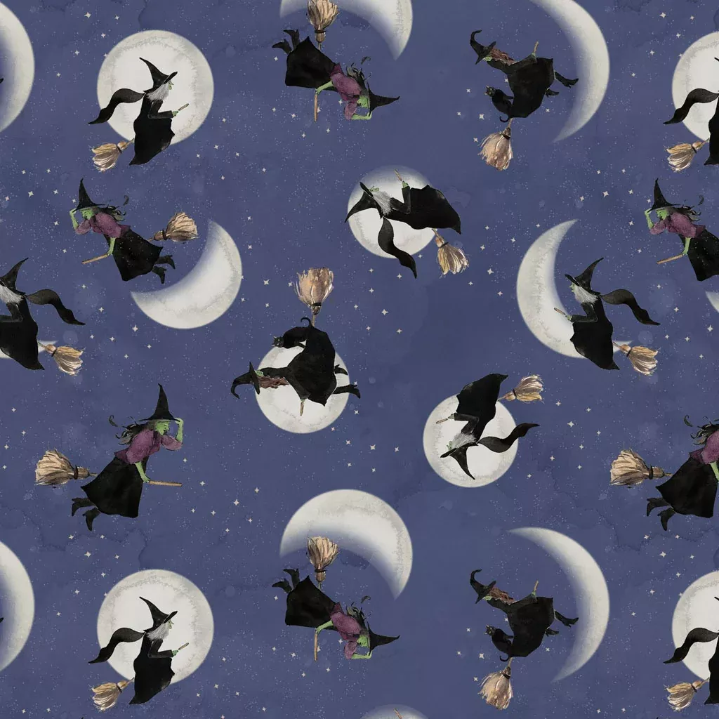 Clothworks Toil And Trouble Digital Witches Dark Denim Fabric