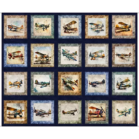 Flying High in Airplane Picture Patches Navy by QT Fabrics 30048 -N