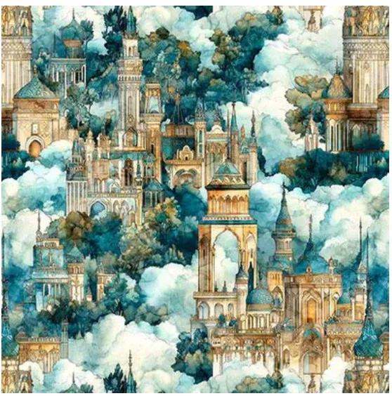 Folklore - Castles In Clouds Lt Brown/Teal 2600-31644-AQ by QT Fabrics