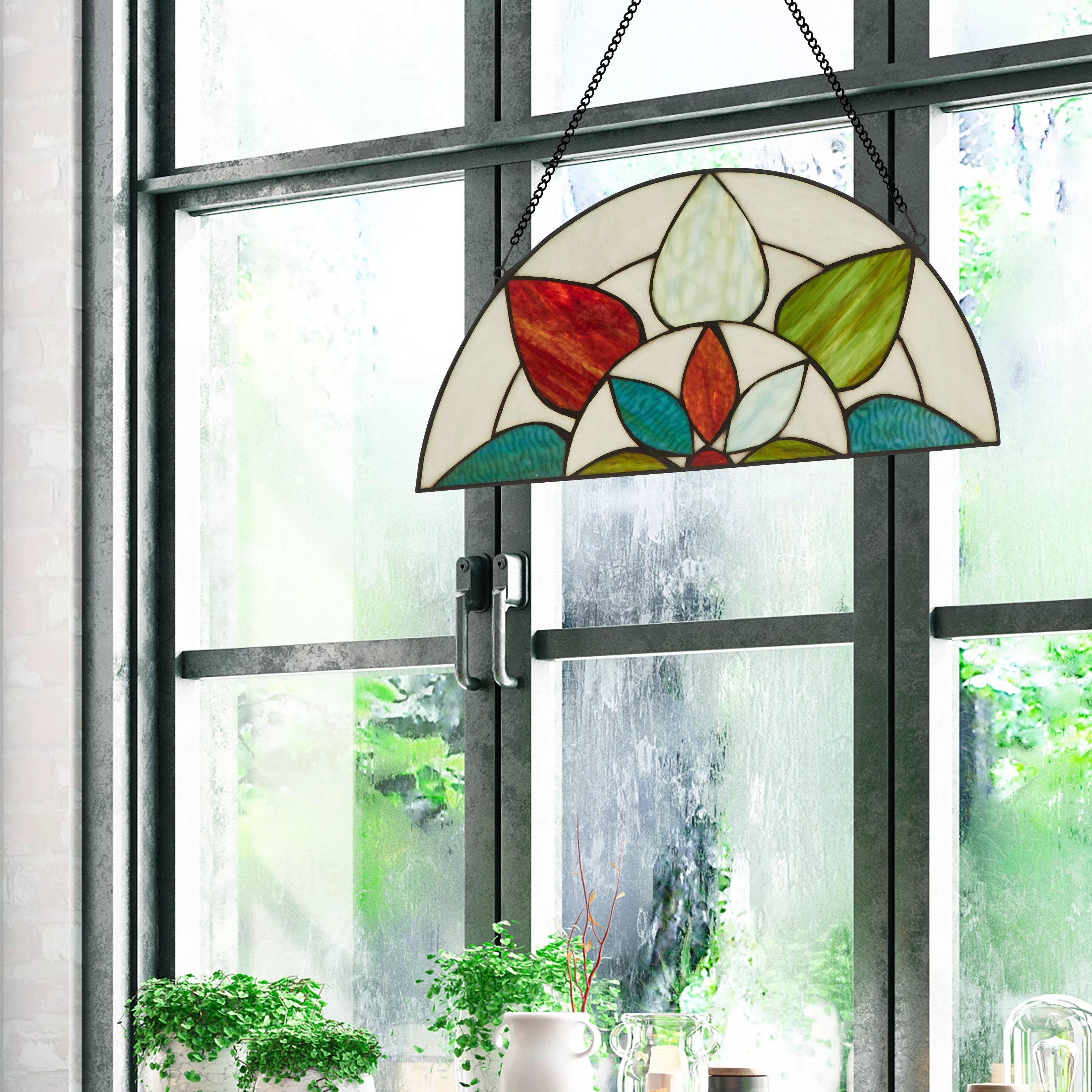 Geometric Floral Handcrafted Stained Glass Window Panel