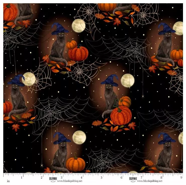 Harvest Haunt - Blank Quilting - Black Cats with Witch Hats & Pumpkins - Black 4807-99