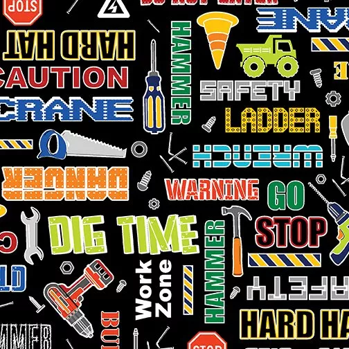 Kanvas Studio Construction Lingo Black 9992GL-12 Glow in the Dark Fabric ^