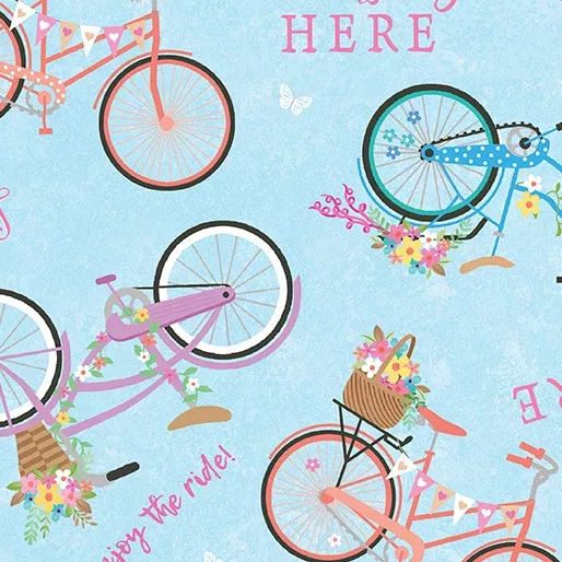 Kanvas Studio Enjoy The Ride Springtime Bicycles Light Blue Fabric ONLINE PURCHASE ONLY