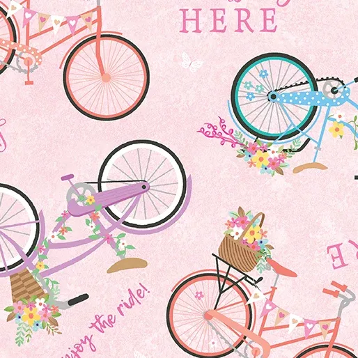 Kanvas Studio Enjoy The Ride Springtime Bicycles Pink Fabric ONLINE PURCHASE ONLY