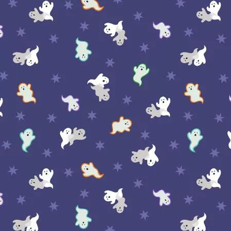 Lewis & Irene Blue Spooky Ghosts Glow in the Dark Fabric A573-2 ^