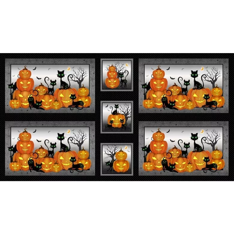 Michael Miller Trick or Treat DCX10336-GRAY-D Jack-o-Lanterns Panel