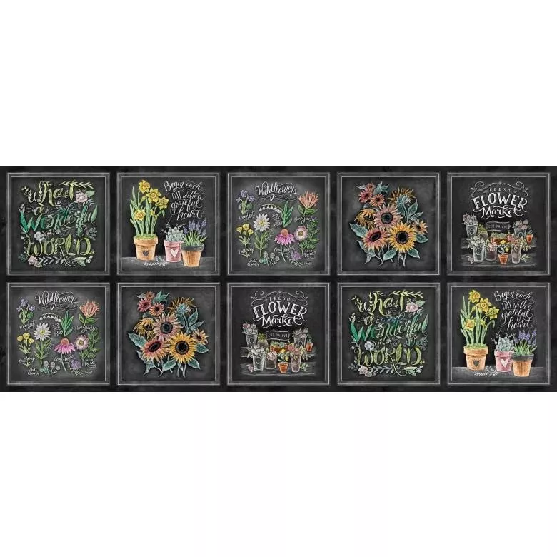 MM Flower Market Happiness Blooms Panel - DDC11826-BLAC-D BLACK - Cotton Fabric
