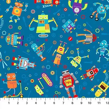 Northcott 10034-45 Busy Bots Rollicking Robots Teal ^