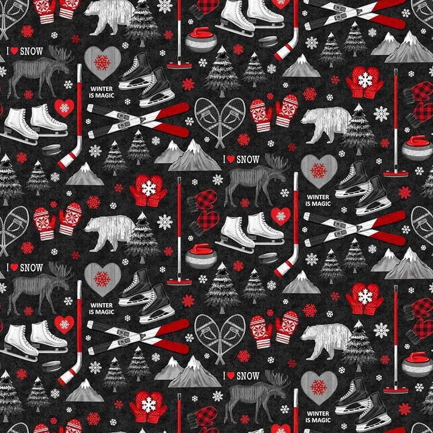 Northcott Cozy Up Black Multi Winter Pastimes F25515-99 Flannel