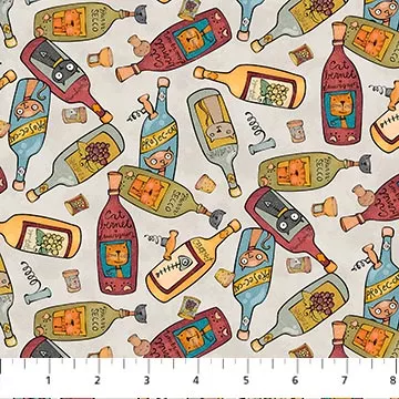 Northcott Whiskers And Wine Taupe Wine Bottles Fabric ONLINE PURCHASE ONLY