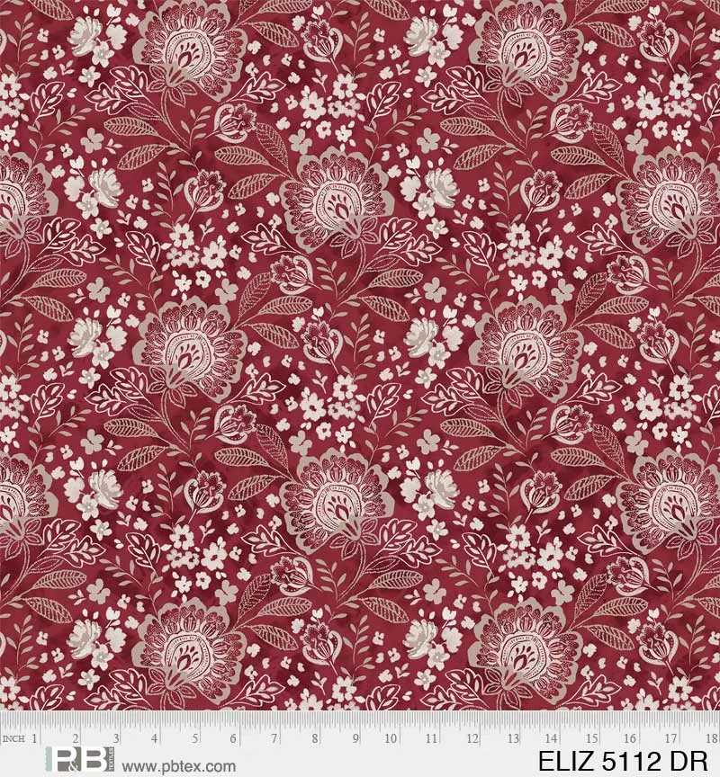 P & B Textiles Elizabeth Jacobean Allover Dark Red Wide Back Fabric