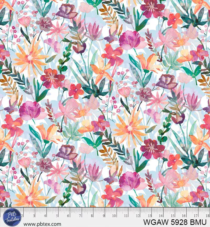 P & B Textiles Whispering Gardens Blue Multi Wide Back Fabric