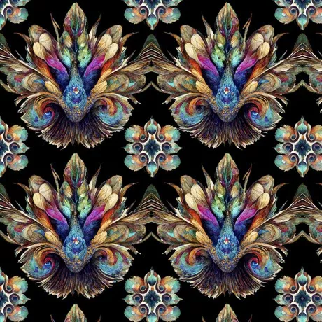 QT Fabrics Mystic Owls Feather Medallion Black Fabric ONLINE PURCHASE ONLY