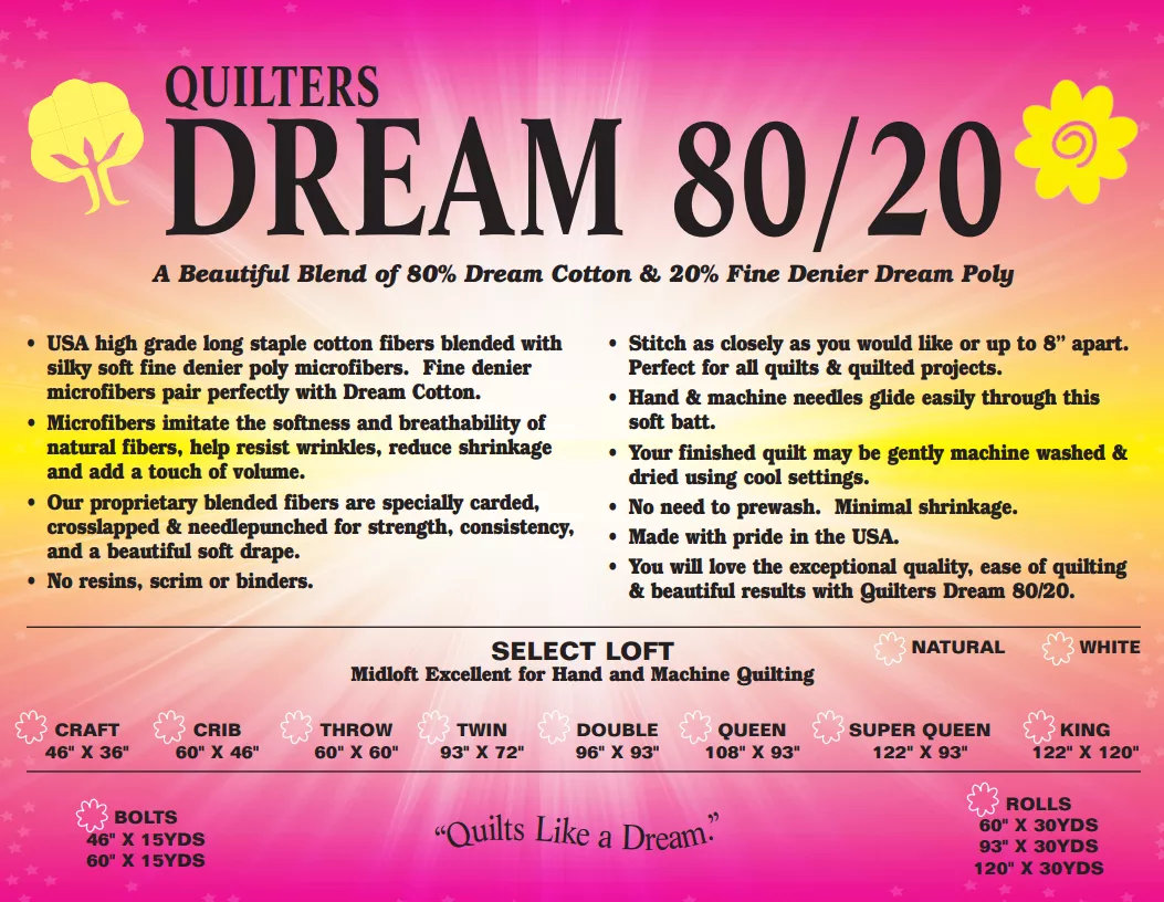 Quilters Dream batting ENQR 80/20 Blend Natural Queen 93" x 30 yd