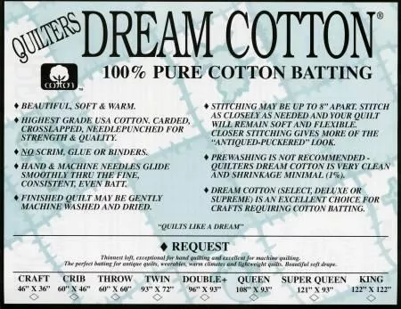Quilters Dream Batting N3QR Request Natural Cotton Queen Size 93inx30yd