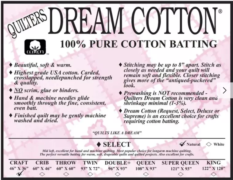 Quilters Dream Cotton - 100% Pure Cotton Batting - Natural Select - Craft