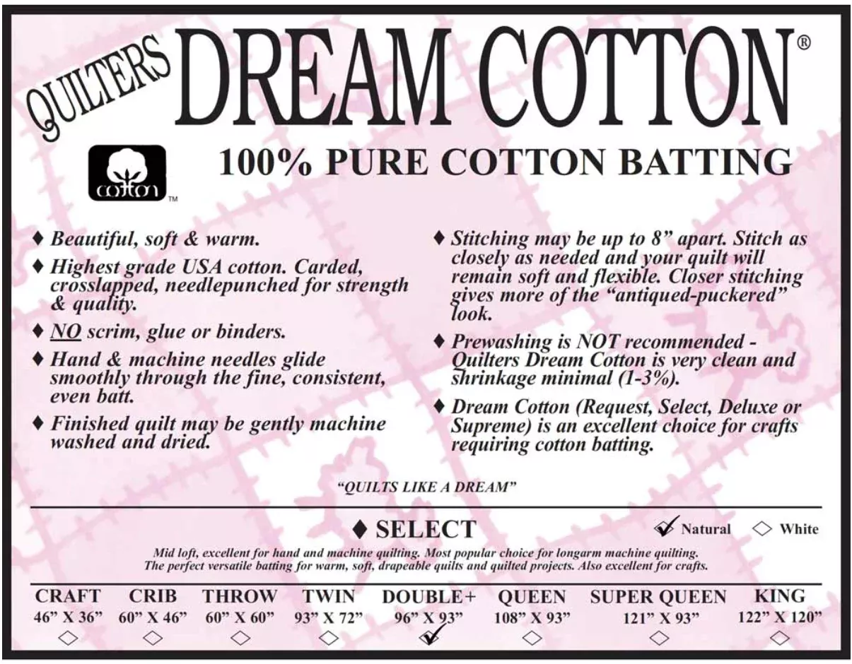 Quilters Dream Cotton - 100% Pure Cotton Batting - Natural Select - Double