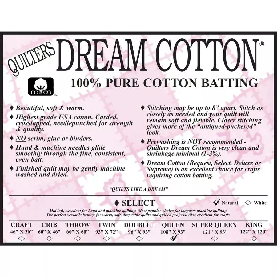 Quilters Dream Cotton - 100% Pure Cotton Batting - Natural Select - Queen