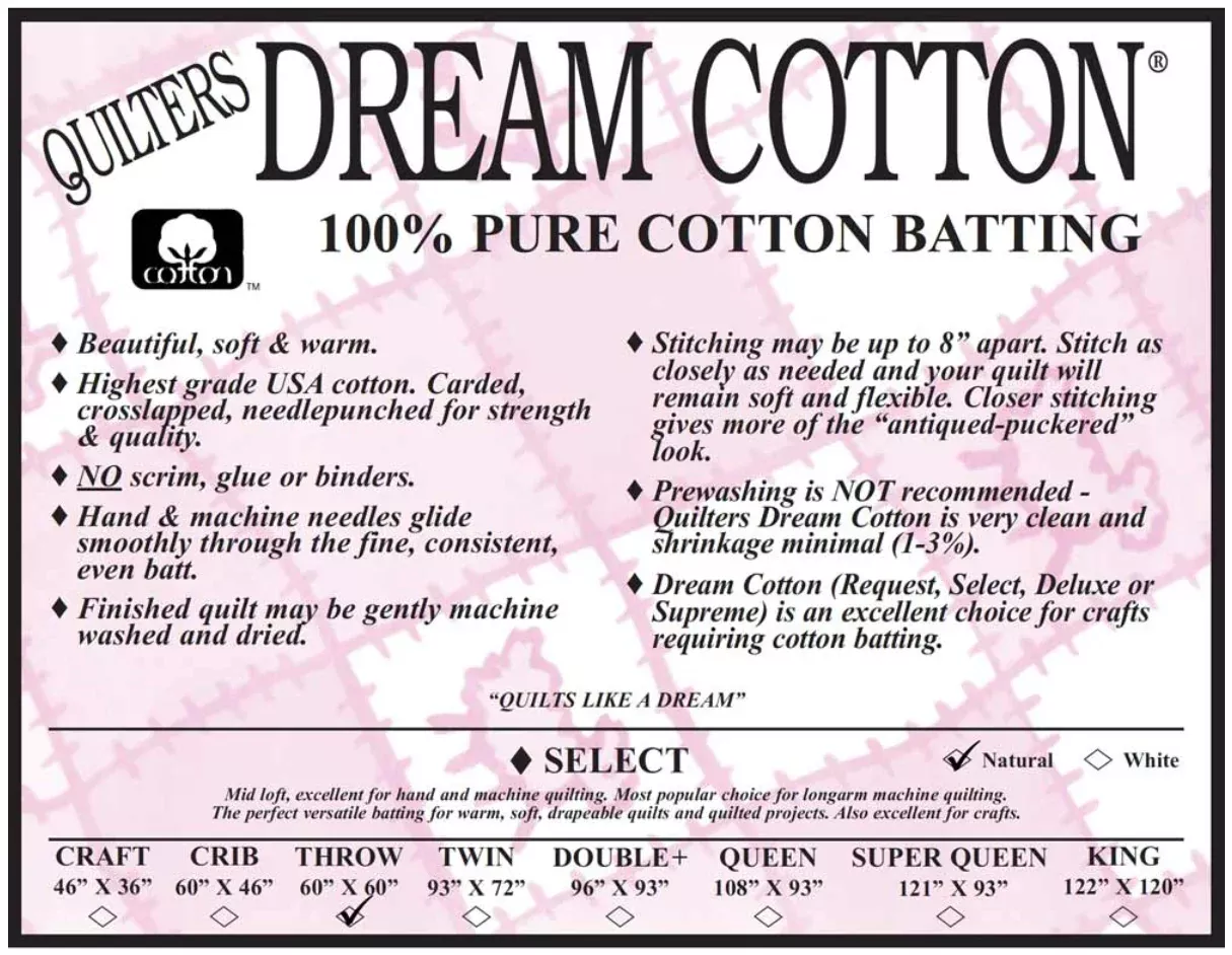 Quilters Dream Cotton - 100% Pure Cotton Batting - Natural Select - Throw
