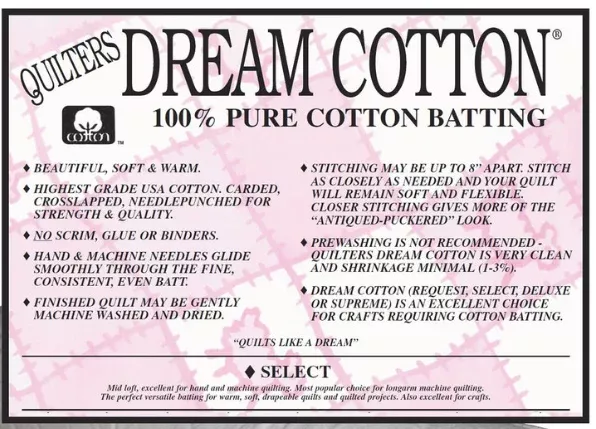 Quilters Dream Cotton - 100% Pure Cotton Batting - White Select - Double