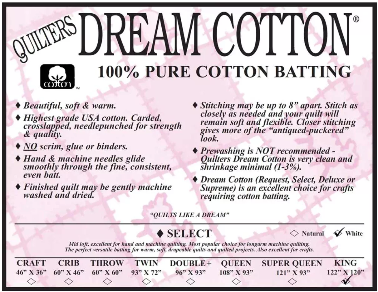 Quilters Dream Cotton - 100% Pure Cotton Batting - White Select - King