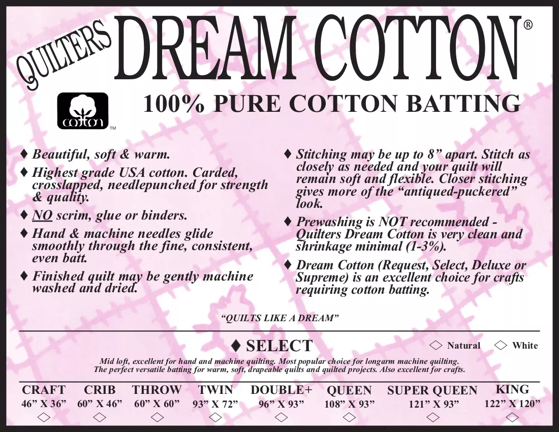 Quilters Dream Cotton - 100% Pure Cotton Batting - White Select - Queen