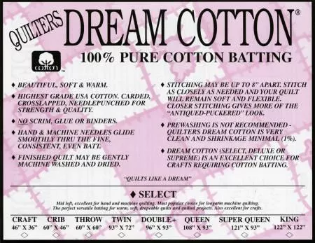 Quilters Dream Cotton Select Batting 100% Cotton King 120inx30yd N4KR '