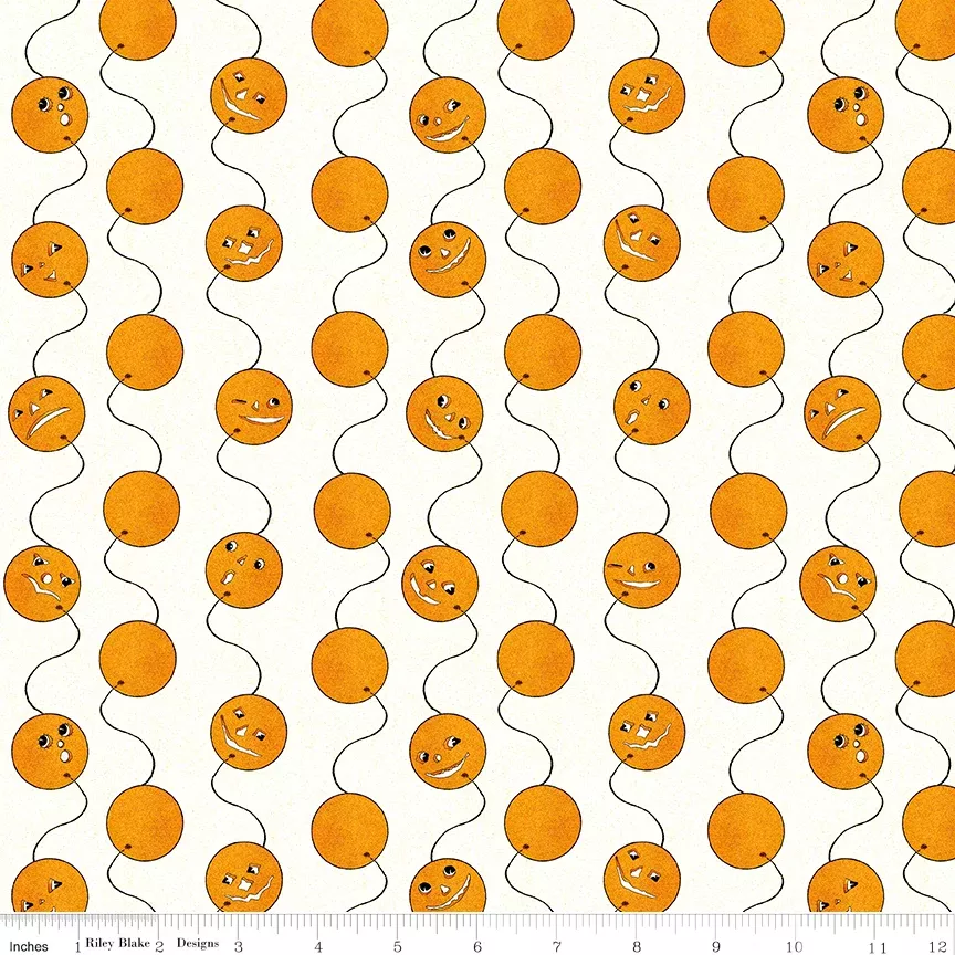 Riley Blake Costume Maker's Act II Jack-O-Lantern Balloons White 1 Yard Cut