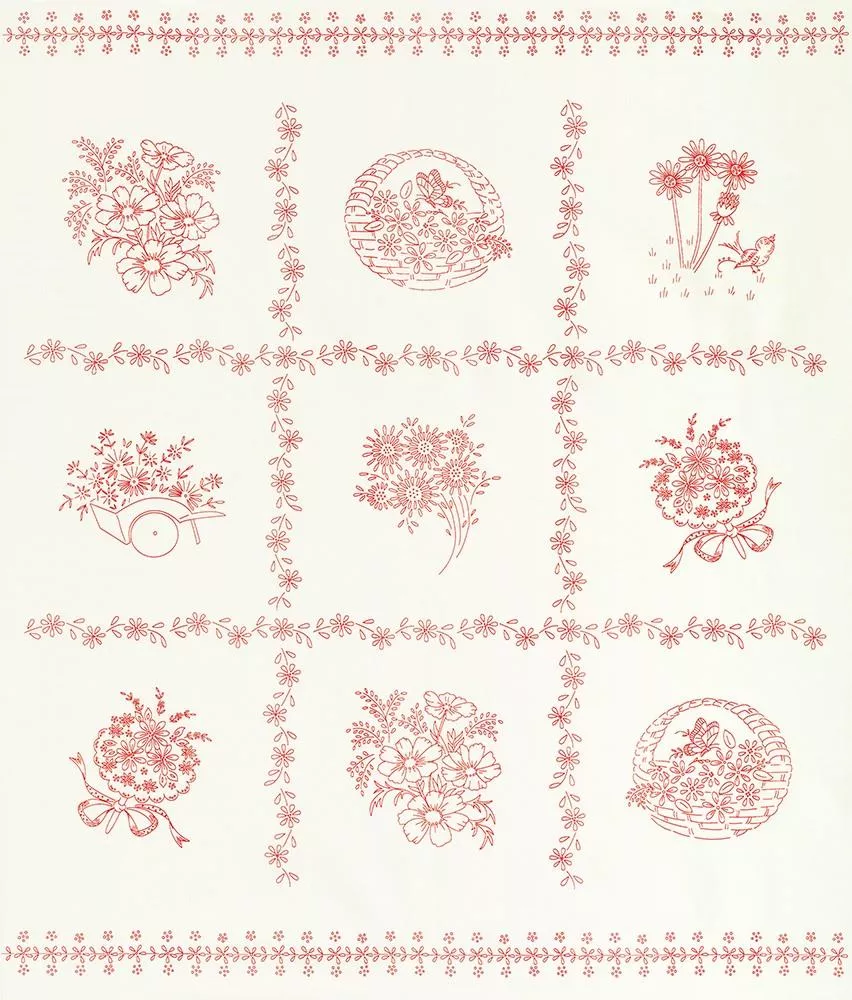 RK Daisy's Redwork 21293-83 Vintage White - Cotton Fabric