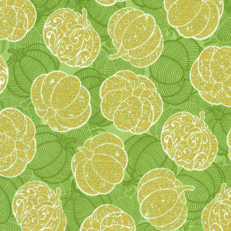 Robert Kaufman Sweet Pumpkin Spice Tossed Pumpkins Basil Metallic 1 Yard Cut