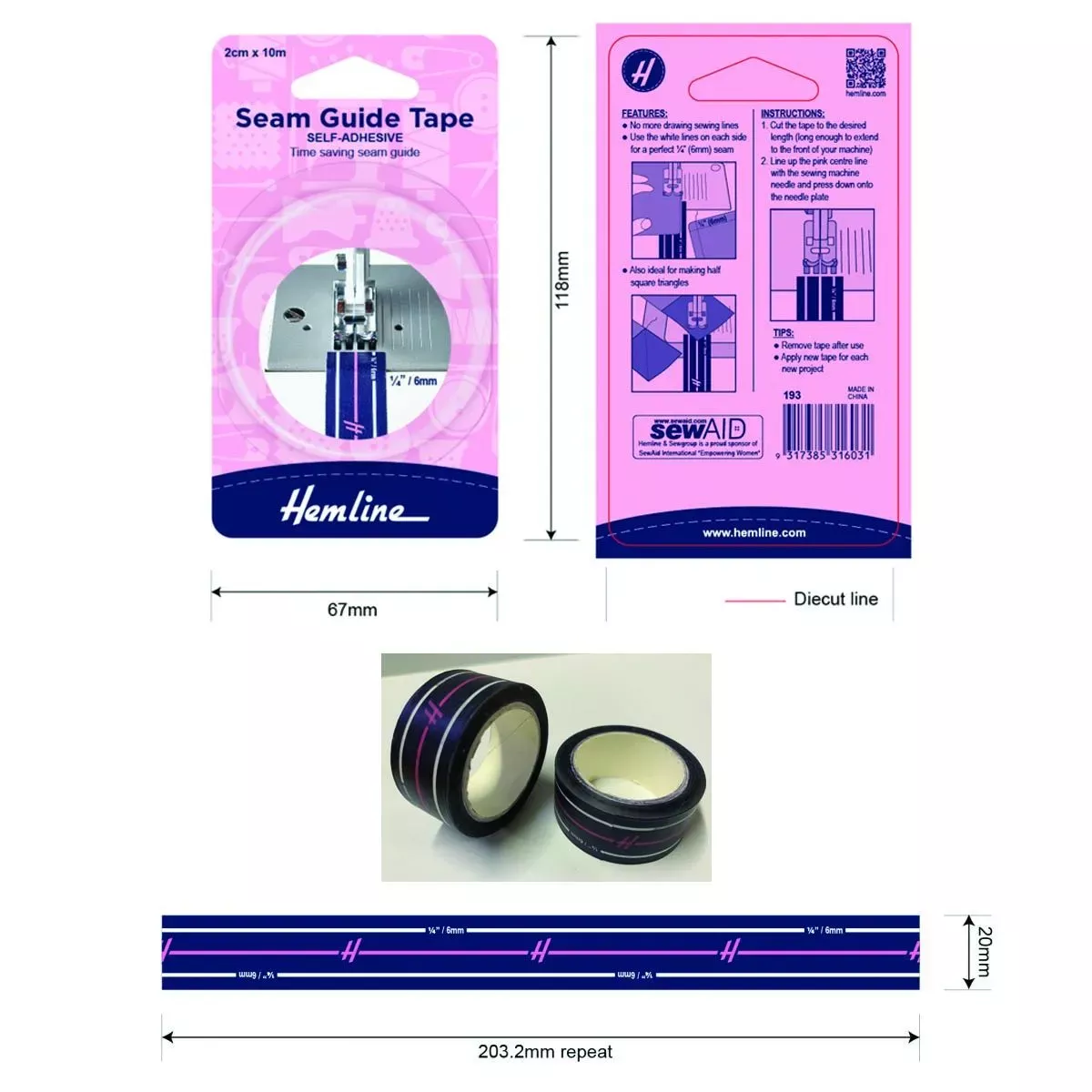 Seam Guide Washi Tape - 2CM X 10M