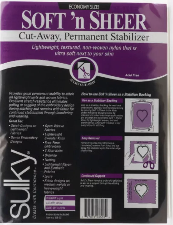 Sulky - Soft 'n Sheer Lightweight- Cut- Away, Permanent Stabilizer 20" x 3 Yds