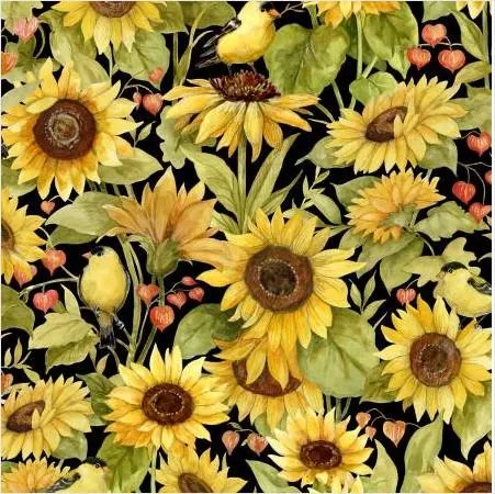 Sunflower Splendor by Wilmington Prints - Sunflowers and Birds on Black 3023-83327-957