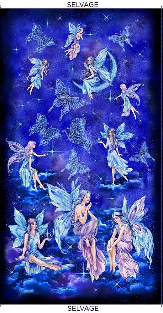 Timeless Treasures Indigo Fairies Moons & Butterflies 24in Panel w/Metallic CM8860-INDIGO ^