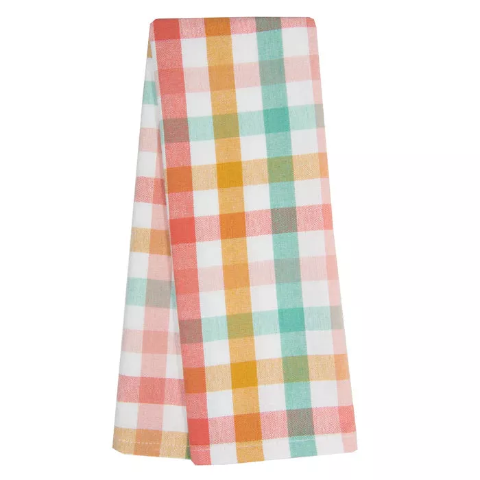 Tri Color Plaid Tea Towels- Pumpkin Teal Coral